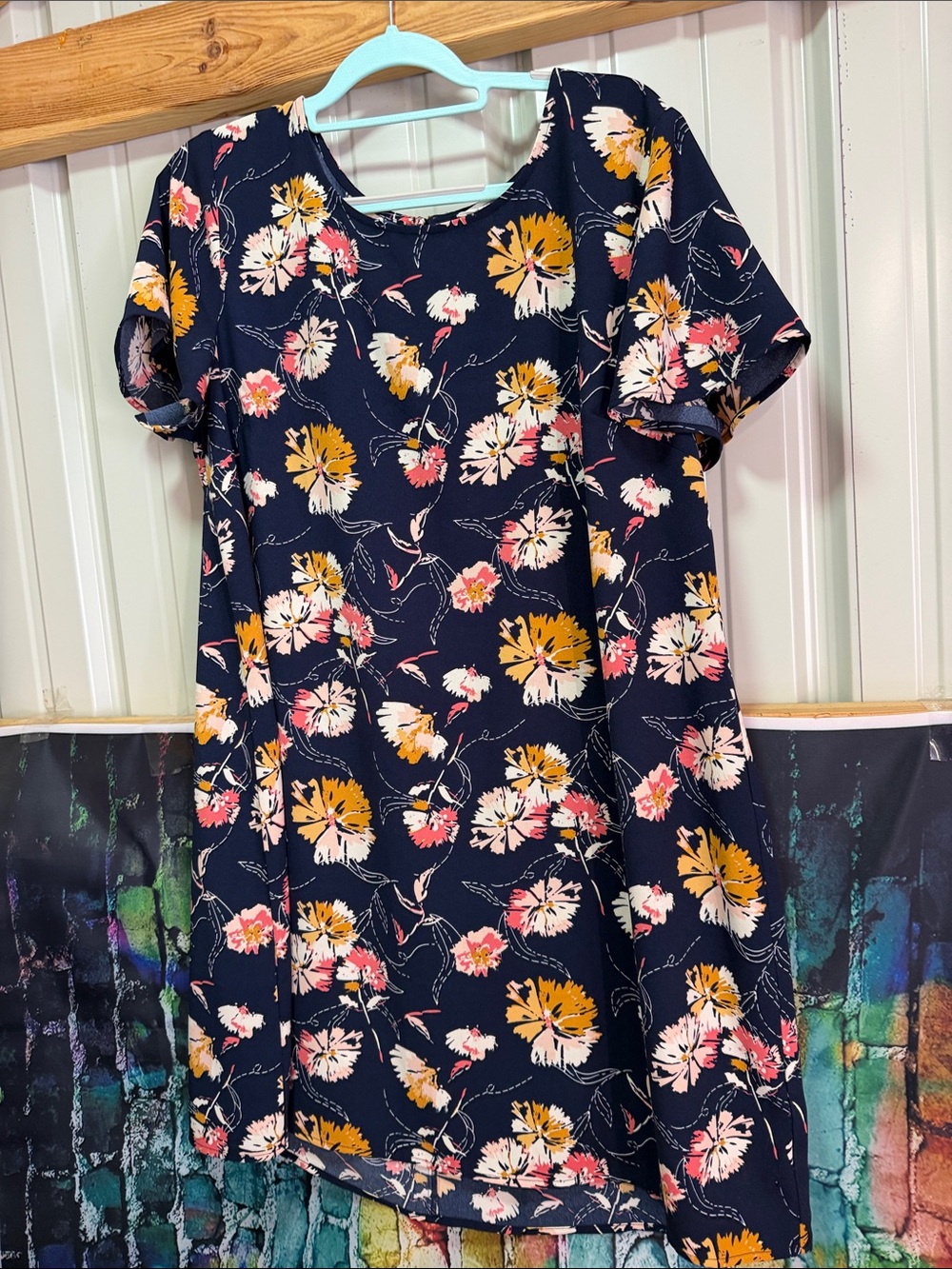Maurices Navy Floral Short Sleeve Shift Dress with Yellow & Pink Accents